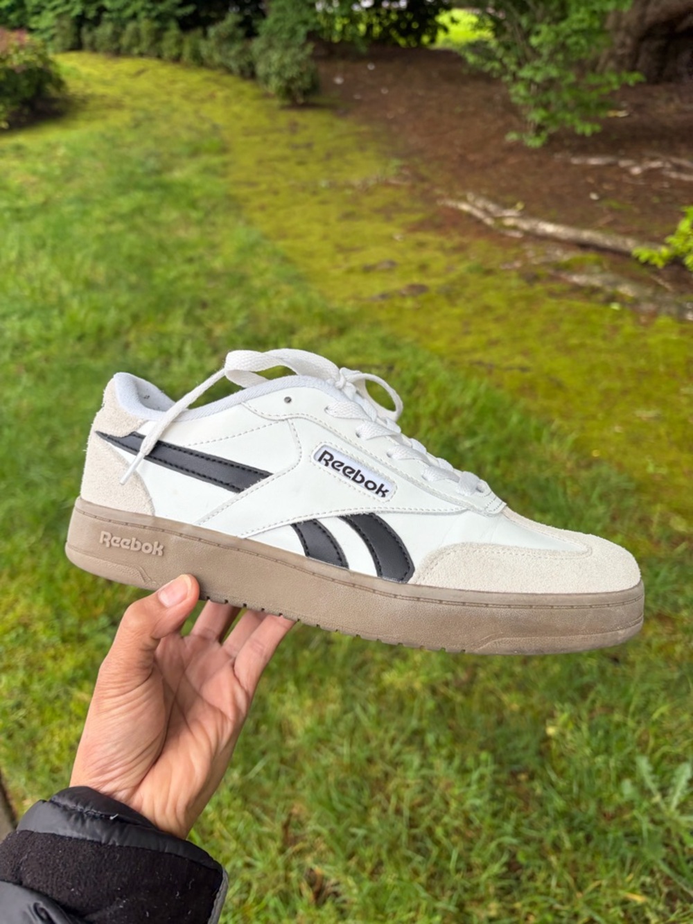 Reebok Men's White Sneaker with Black Stripes and Tan Sole